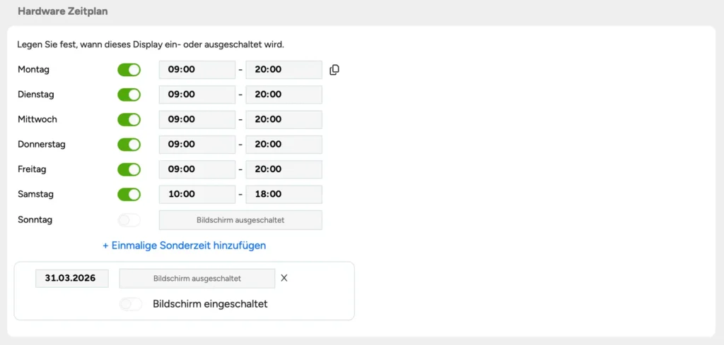 Bereich „Hardware Zeitplan“ mit Einschaltzeiten für jeden Wochentag und einer einmaligen Sonderzeit