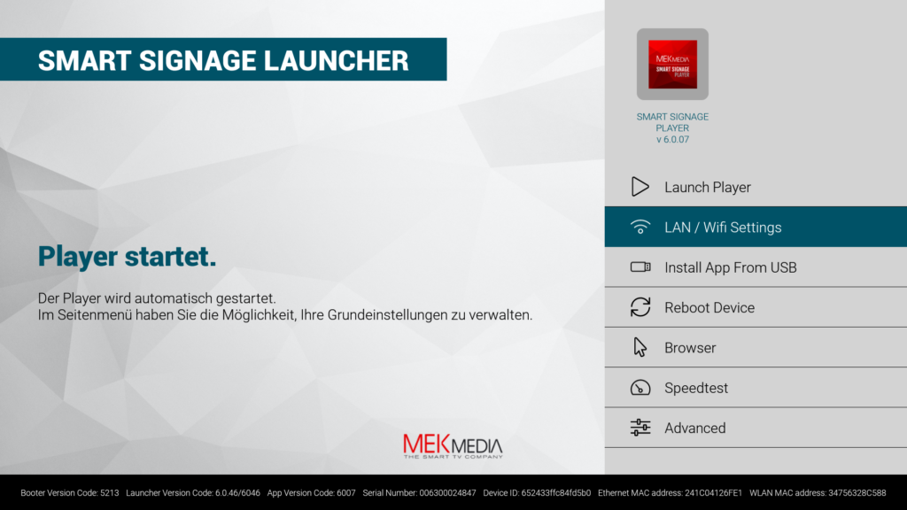 Smart Signage Launcher mit den Menüpunkten Launch Player, LAN / Wifi Settings, Install App From USB, Reboot Device, Browser, Speedtest und Advanced