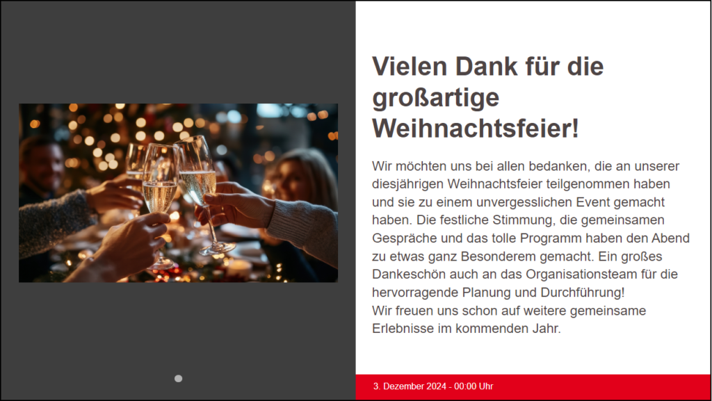 News auf einem Display: links das Bild, rechts Überschrift, Text und Datum