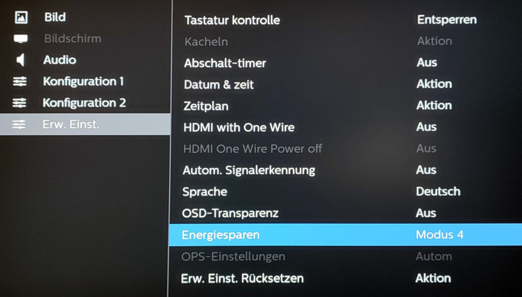 Erweiterte Einstellungen mit Energiesparen auf Modus 4