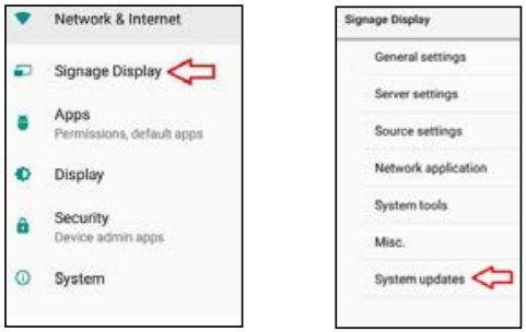 Einstellungen Signage Display mit dem Punkt System updates