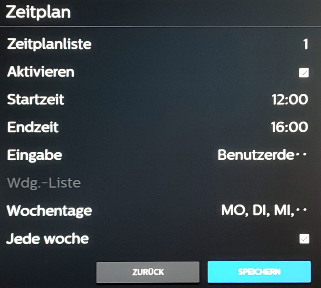 Zeitplan am Philips-Display mit Aktivieren, Startzeit, Endzeit, Eingabe, Wochentagen und Jede Woche