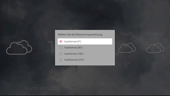 Auswahl der Bildschirmausrichtung: Querformat 0°, Hochformat 90°, Querformat 180°, Hochformat 270°