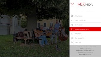 Menü im Player mit Aktualisieren, Player neu starten, Cache leeren, Bildausrichtung ändern, Speed test, Box neu starten und Launcher