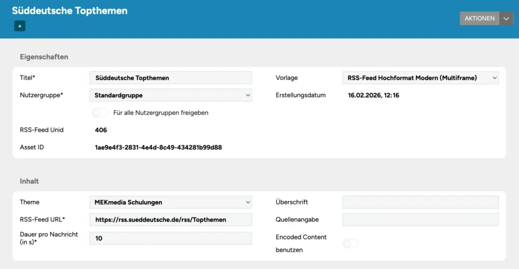 Einstellungen eines RSS-Feed-Elements mit Vorlage, Theme, RSS-Feed-URL und Dauer pro Nachricht