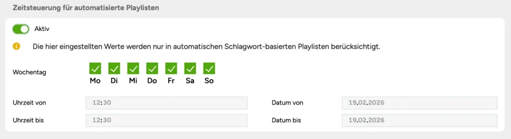 Abschnitt „Zeitsteuerung für automatisierte Playlisten“ in einem Element der Bibliothek