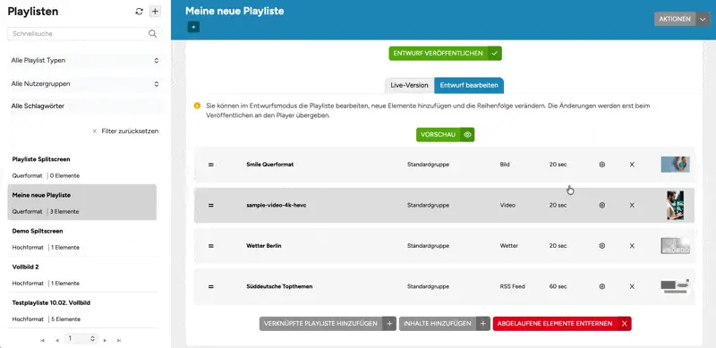 Playliste im Reiter „Entwurf bearbeiten“ mit Zahnrad-Symbol an jedem Element