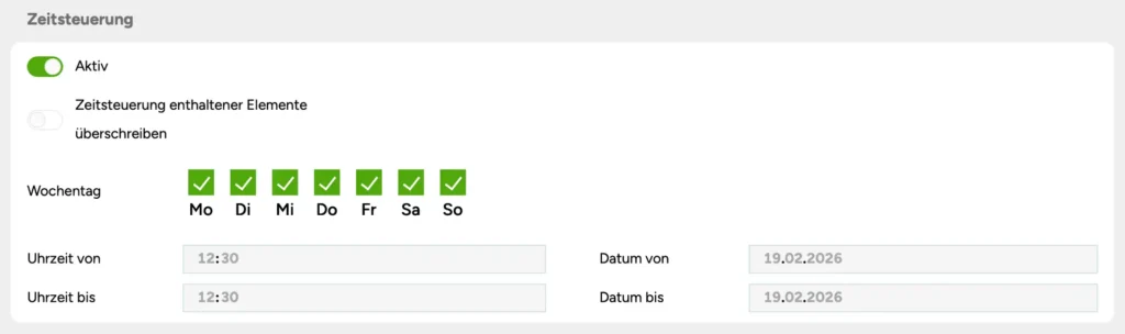 Einstellungen der Zeitsteuerung einer Playliste mit Schalter „Aktiv“, Wochentagen, Uhrzeit und Datum